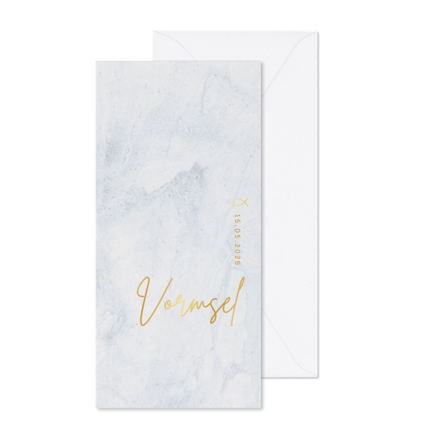 Uitnodiging vormsel foliedruk goud blauw marmer  - Kaartimpressie