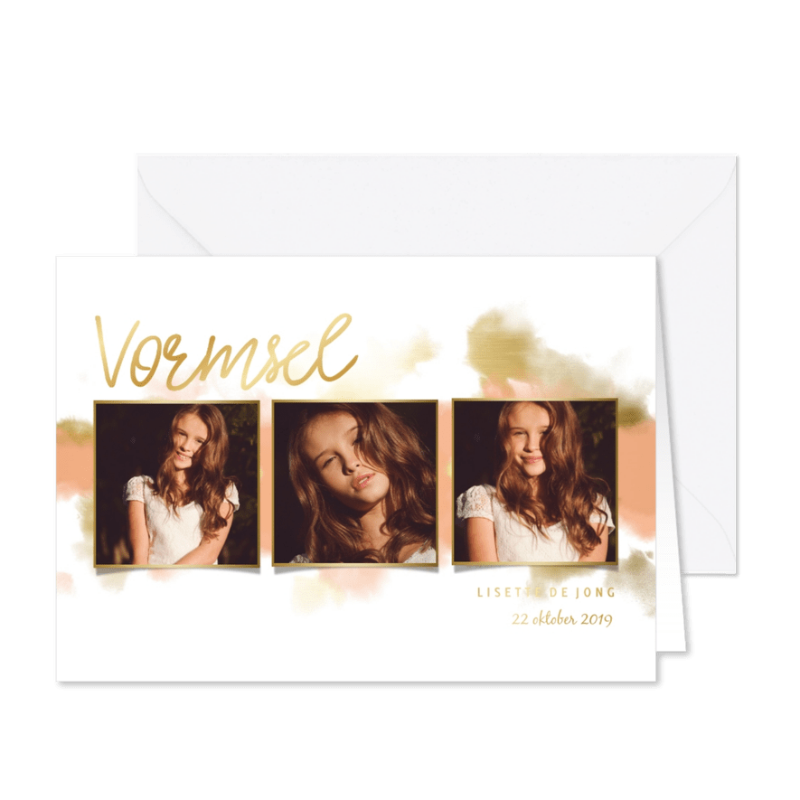 Uitnodiging vormsel fotocollage goudlook met waterverf - Kaartimpressie