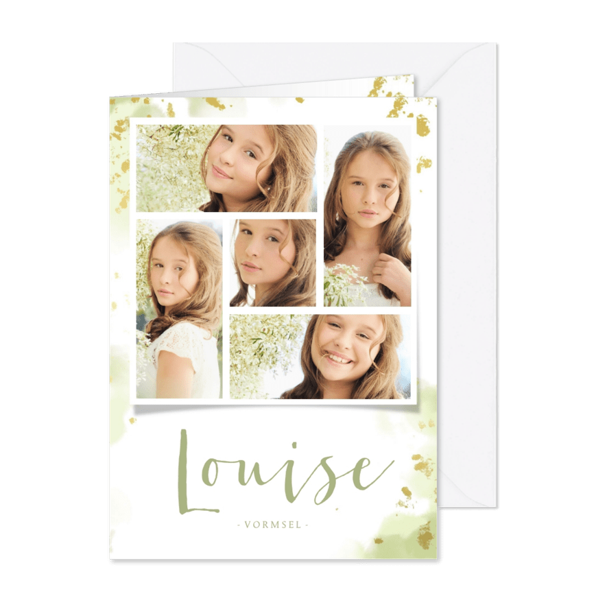 Uitnodiging vormsel fotocollage groen met spetters - Kaartimpressie