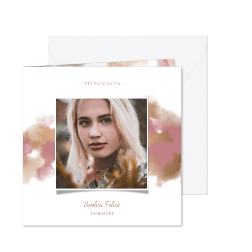 Uitnodiging vormsel goudlook met waterverf en foto - Kaartimpressie
