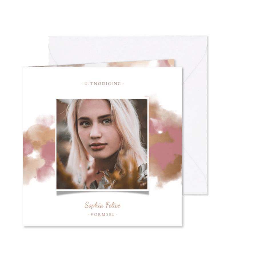 Uitnodiging vormsel goudlook met waterverf en foto - Kaartimpressie