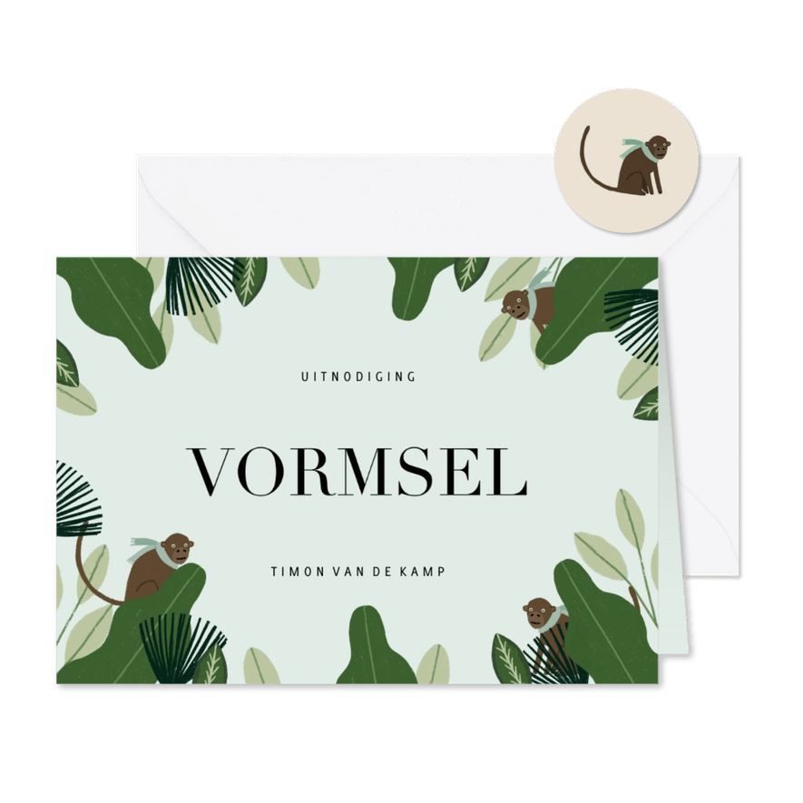 Uitnodiging Vormsel hip met jungle planten en aapjes - Kaartimpressie