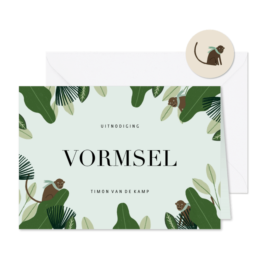 Uitnodiging Vormsel hip met jungle planten en aapjes - Kaartimpressie