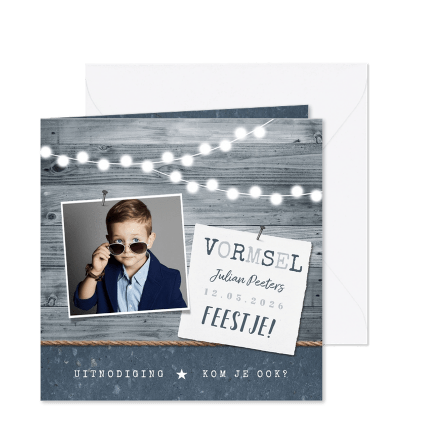 Uitnodiging vormsel hout stoer foto's slinger - Kaartimpressie