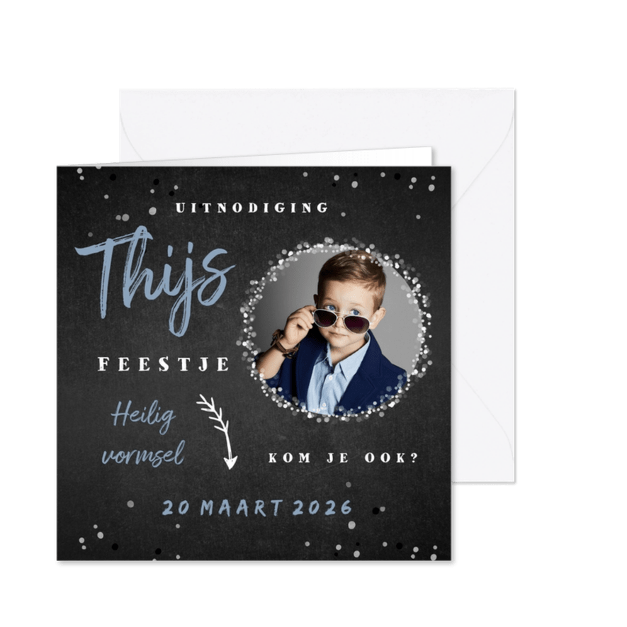 Uitnodiging vormsel jongen confetti foto krijtbord - Kaartimpressie