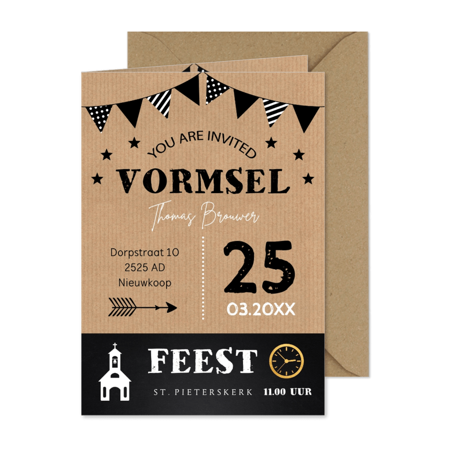 Uitnodiging vormsel jongen kraftlook slinger typografie - Kaartimpressie