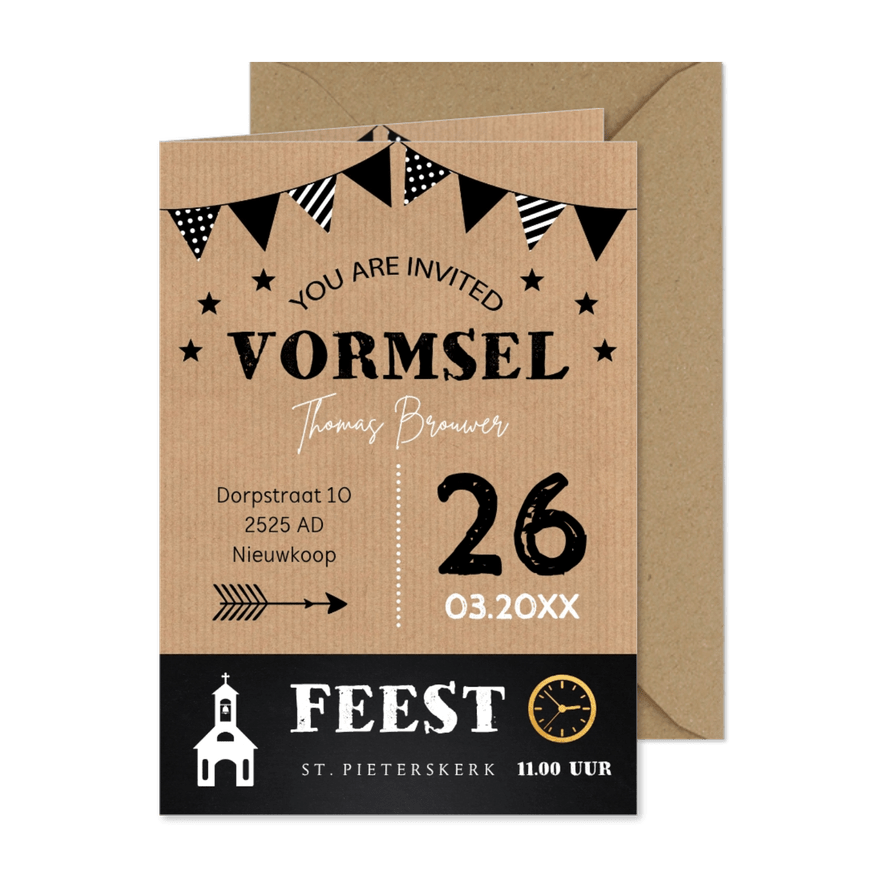 Uitnodiging vormsel jongen kraftlook slinger typografie - Kaartimpressie