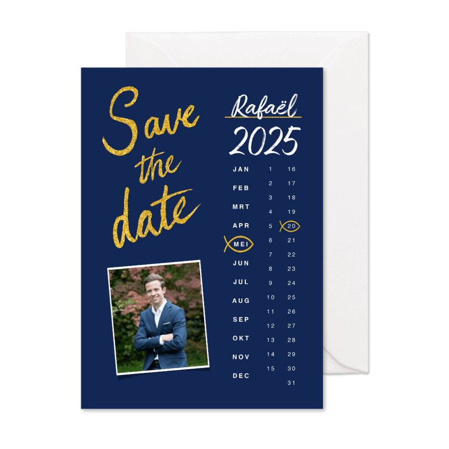 Uitnodiging vormsel jongen save the date goud kalender - Kaartimpressie