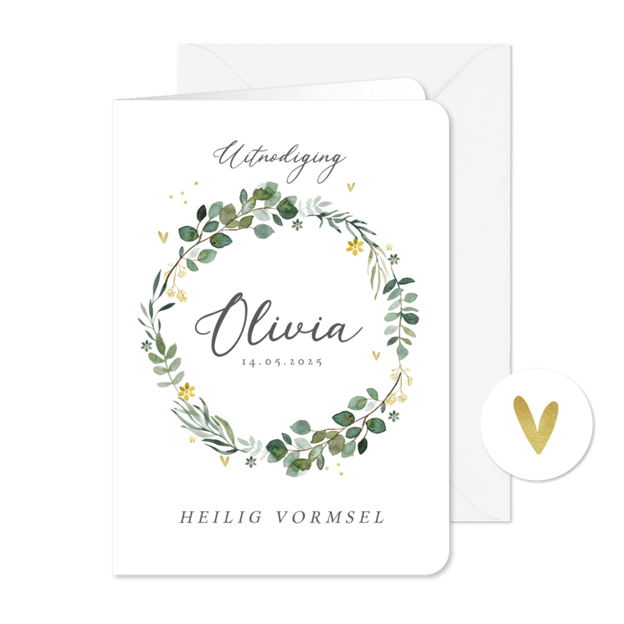 Uitnodiging vormsel krans van bladeren hartjes goud bloemen - Kaartimpressie