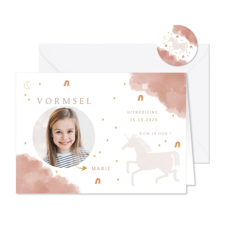 Uitnodiging vormsel lief met unicorn en regenbogen - Kaartimpressie
