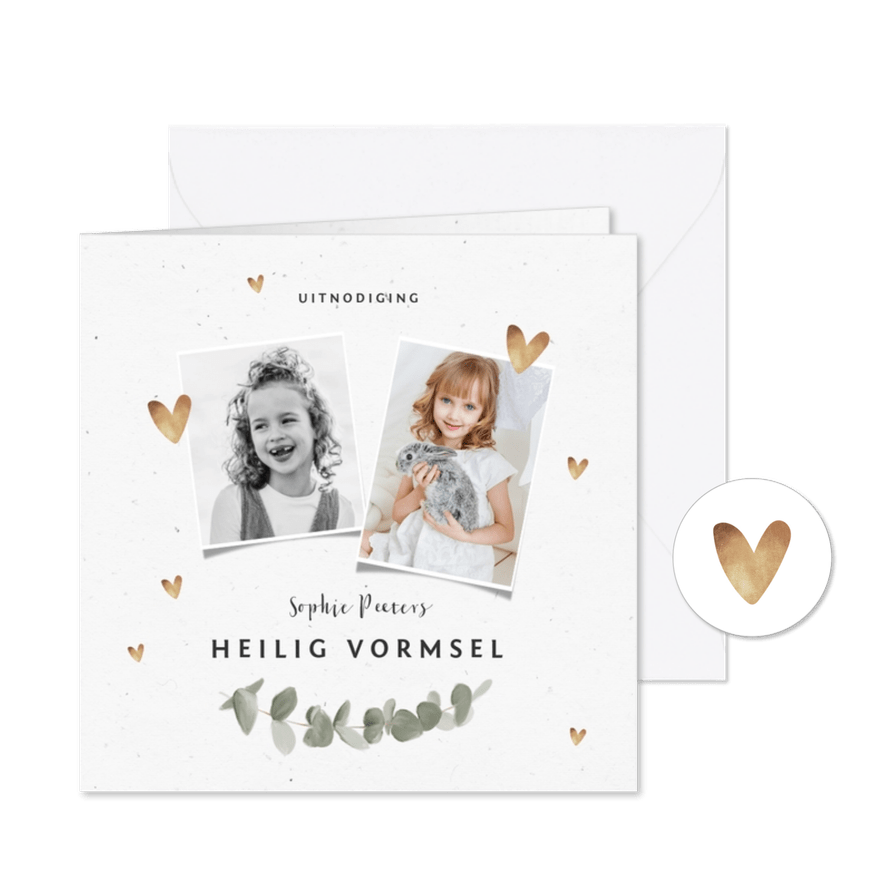 Uitnodiging vormsel meisje goud hartjes eucalyptus - Kaartimpressie