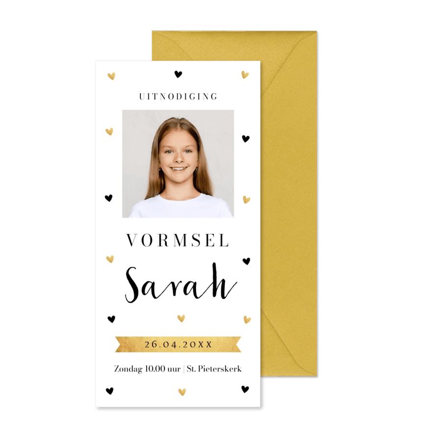 Uitnodiging vormsel meisje met foto wit goudlook hartjes - Kaartimpressie