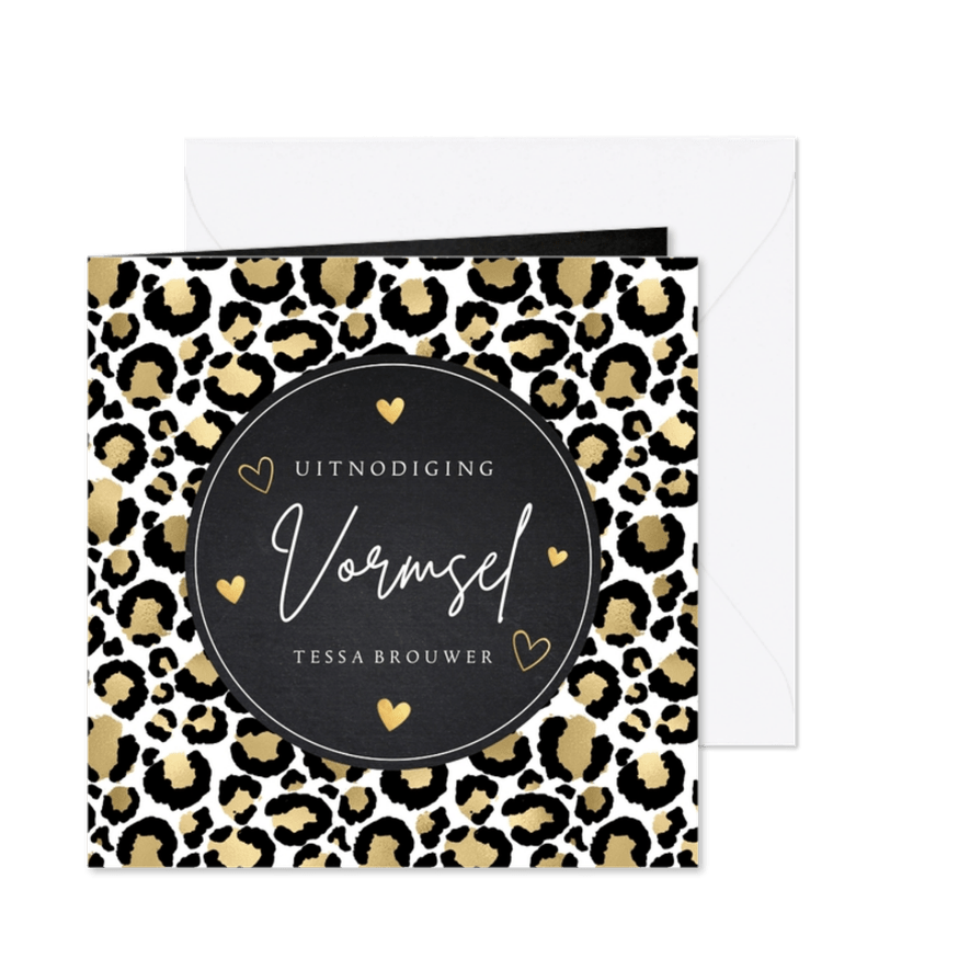 Uitnodiging vormsel meisje panterprint zwart goudlook - Kaartimpressie