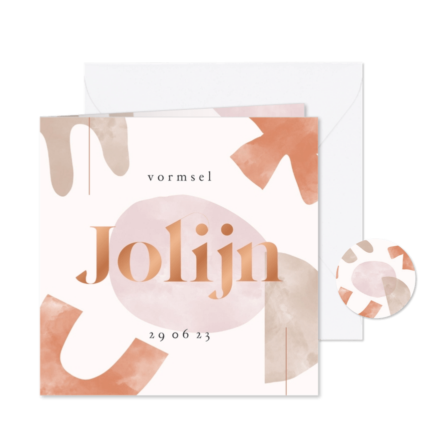 Uitnodiging vormsel met abstracte vormen en koperfolie - Kaartimpressie