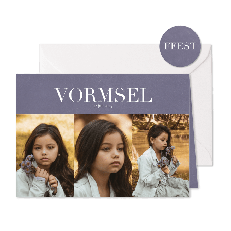 Uitnodiging Vormsel met fotocollage en klassieke letters - Kaartimpressie