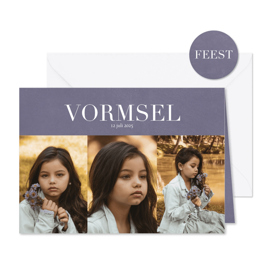 Uitnodiging Vormsel met fotocollage en klassieke letters - Kaartimpressie
