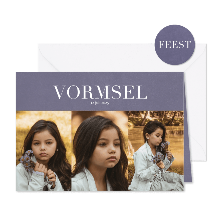 Uitnodiging Vormsel met fotocollage en klassieke letters - Kaartimpressie