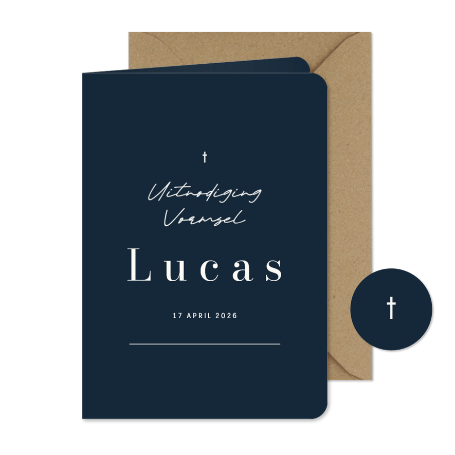 Uitnodiging vormsel of communie donkerblauw met streep - Kaartimpressie