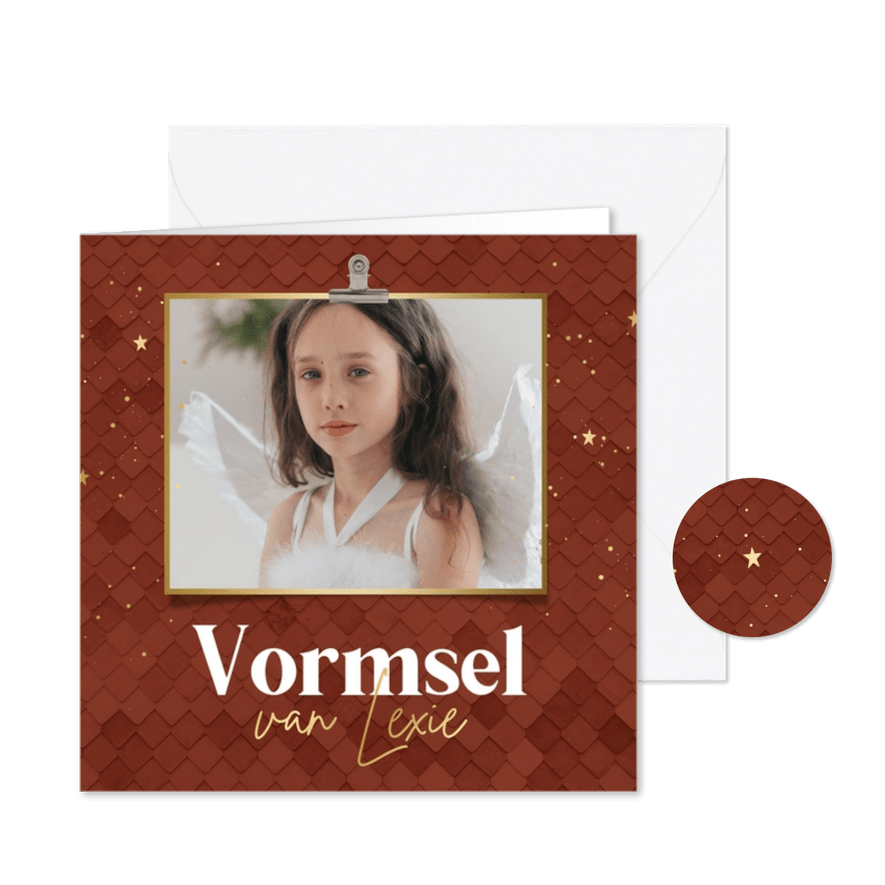 Uitnodiging Vormsel roestbruin met patroon en foto - Kaartimpressie