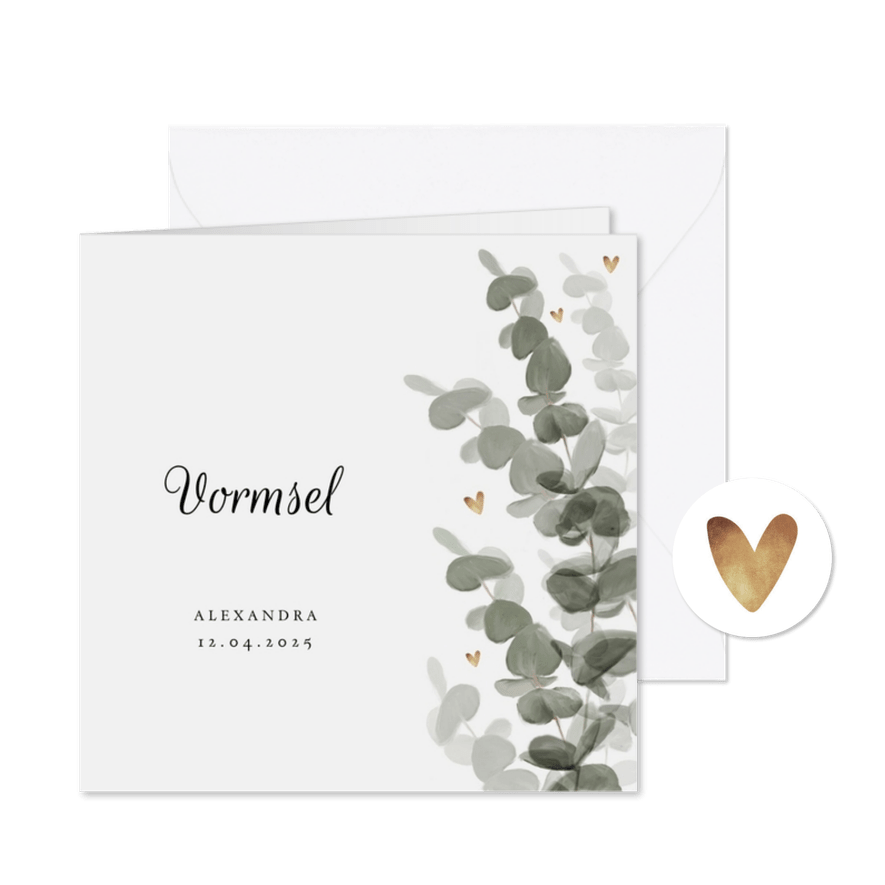 Uitnodiging vormsel stijlvol eucalyptus met gouden hartjes - Kaartimpressie