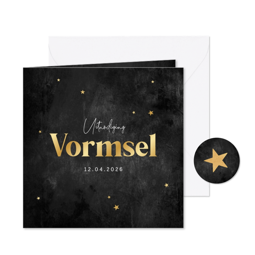 Uitnodiging vormsel stoer goud sterren betonlook donker - Kaartimpressie