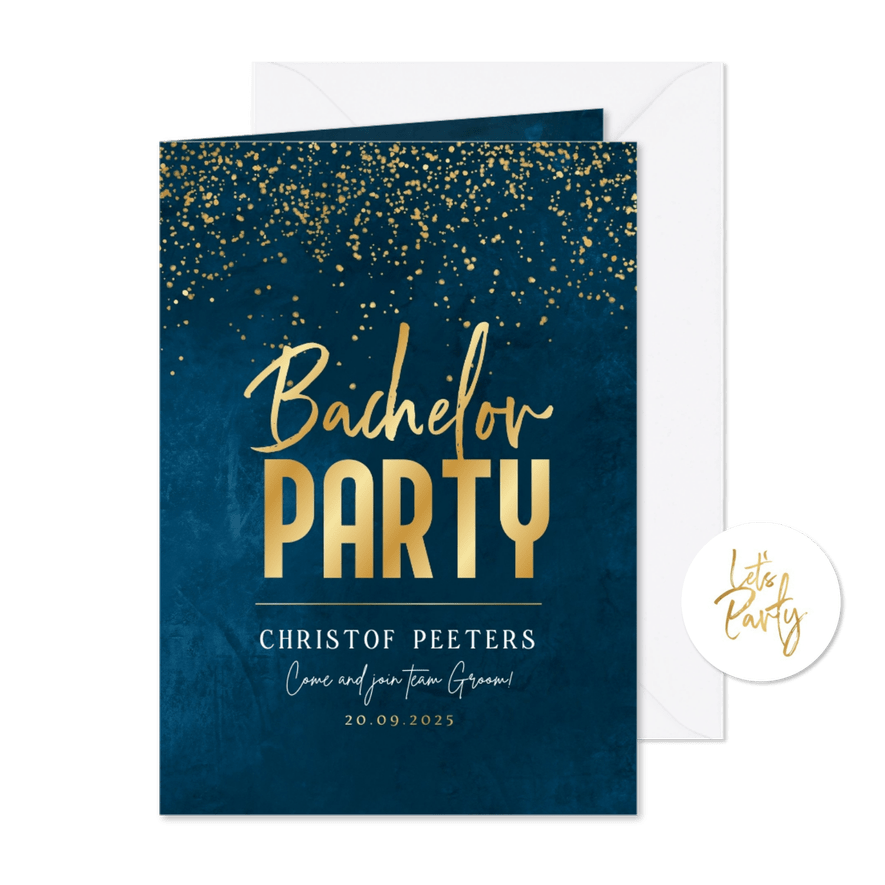 Uitnodiging vrijgezellenfeest bachelor party blauw goud - Kaartimpressie