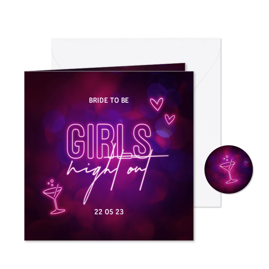 Uitnodiging vrijgezellenfeest girls night out neon - Kaartimpressie