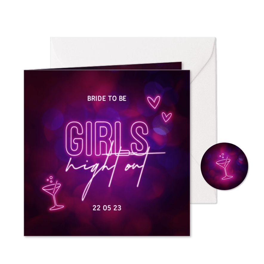 Uitnodiging vrijgezellenfeest girls night out neon - Kaartimpressie