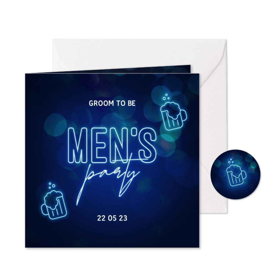 Uitnodiging vrijgezellenfeest men's party neon - Kaartimpressie