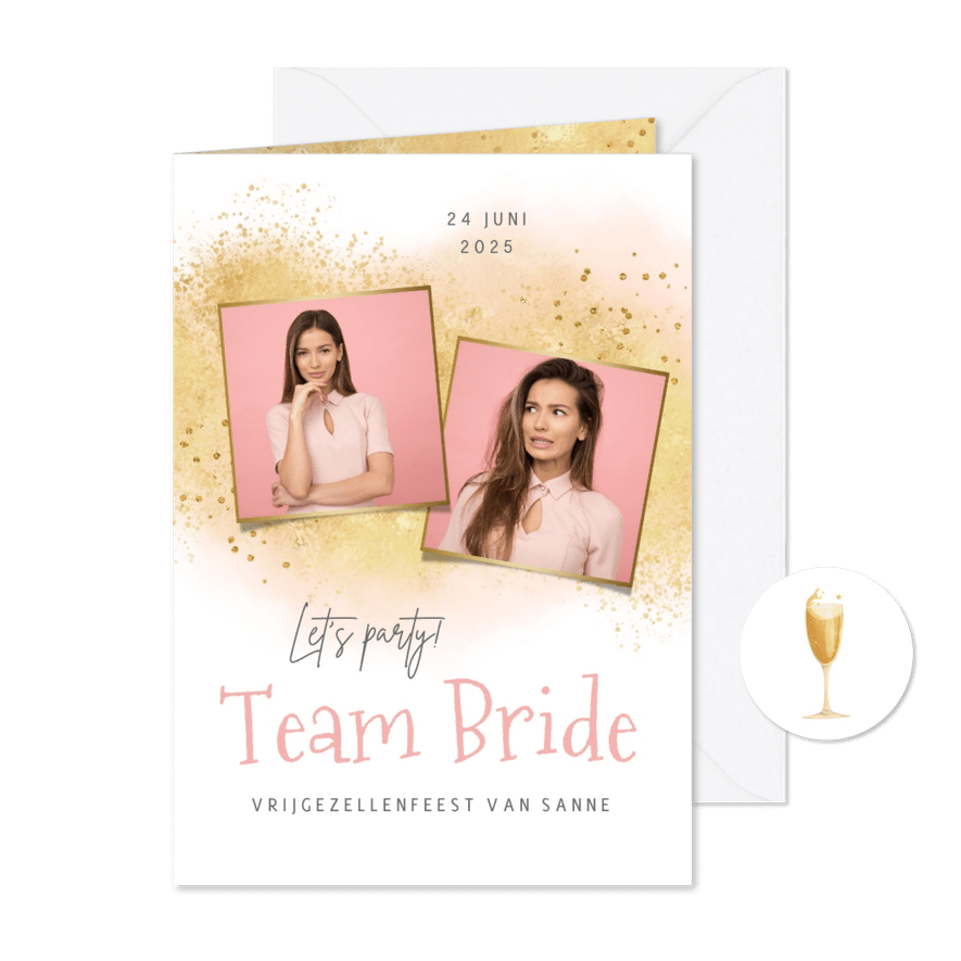 uitnodiging vrijgezellenfeest vrouw waterverf foto goud - Kaartimpressie