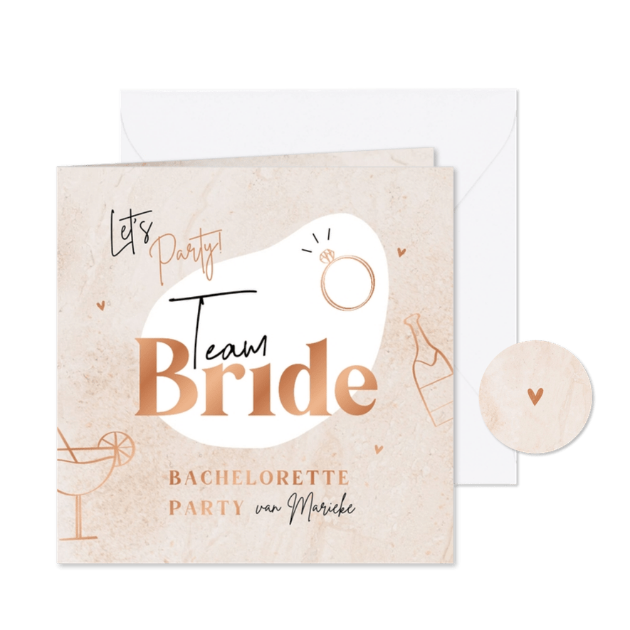 Uitnodiging vrijgezellenfeestje team bride roze marmer koper - Kaartimpressie