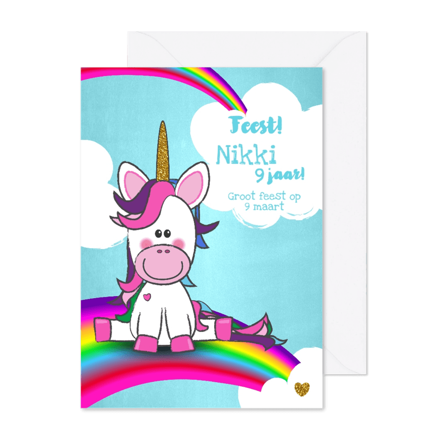 Uitnodiging vrolijke kaart met unicorn wolken en regenboog - Kaartimpressie