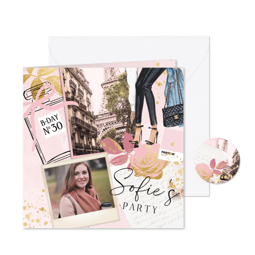 Uitnodiging vrouw foto fashion parfum rozen - Kaartimpressie