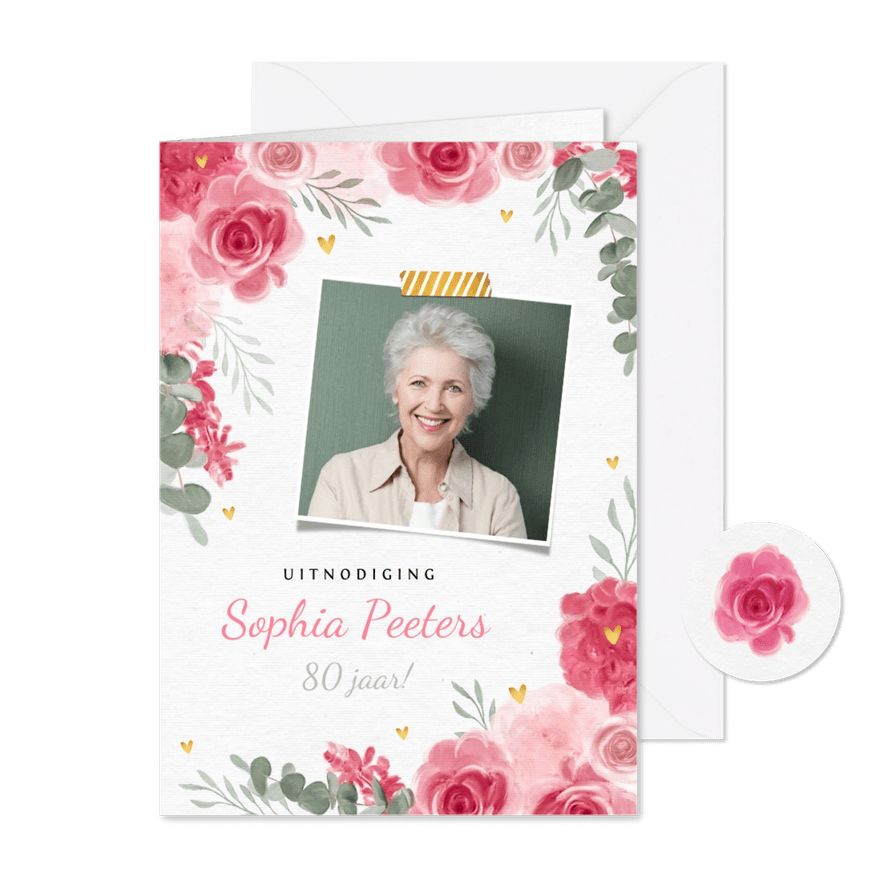 Uitnodiging vrouw waterverf bloemen gouden hartjes - Kaartimpressie