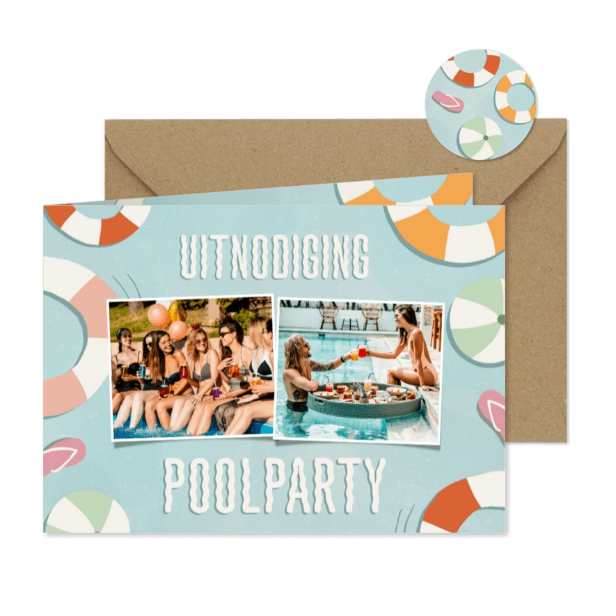 Uitnodiging water zwembanden slippers poolparty fotocollage - Kaartimpressie