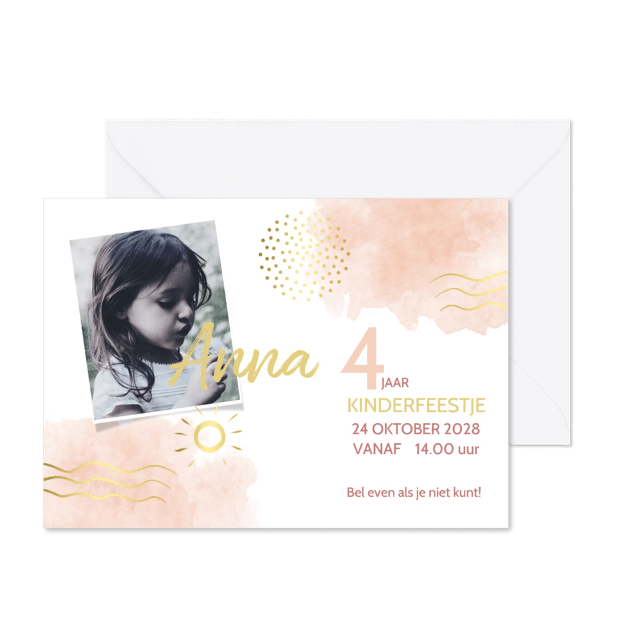 Uitnodiging watercolor roze met goudlook - Kaartimpressie