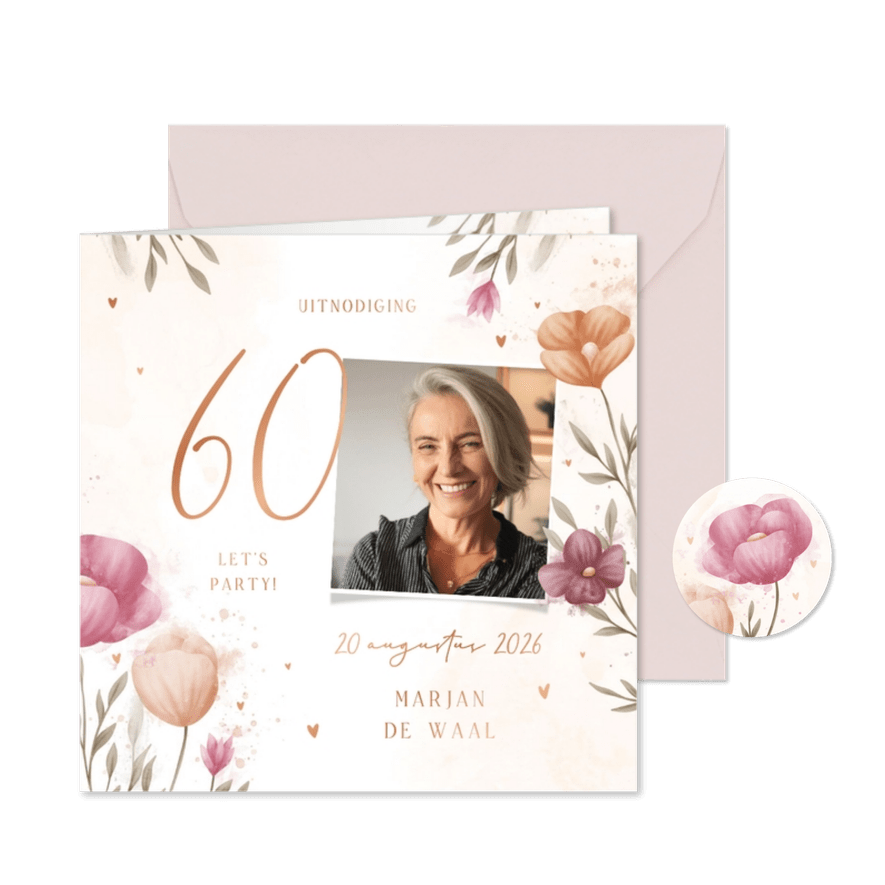 Uitnodiging waterverf bloemen met foto en koperen hartjes - Kaartimpressie