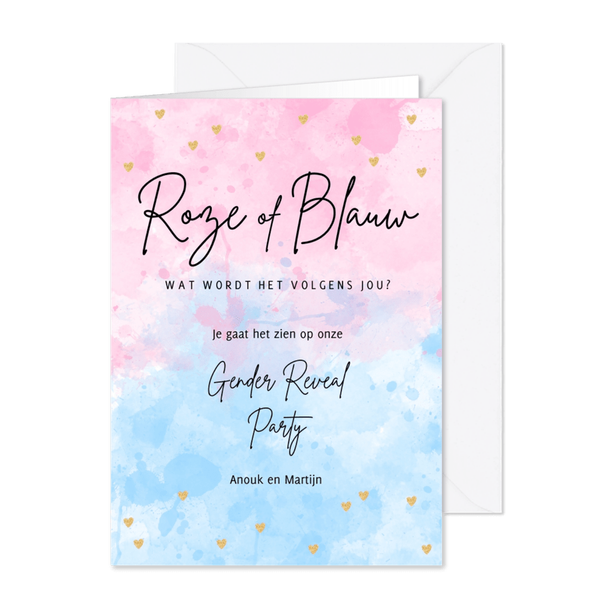 Uitnodiging waterverf hartjes gender reveal party  - Kaartimpressie