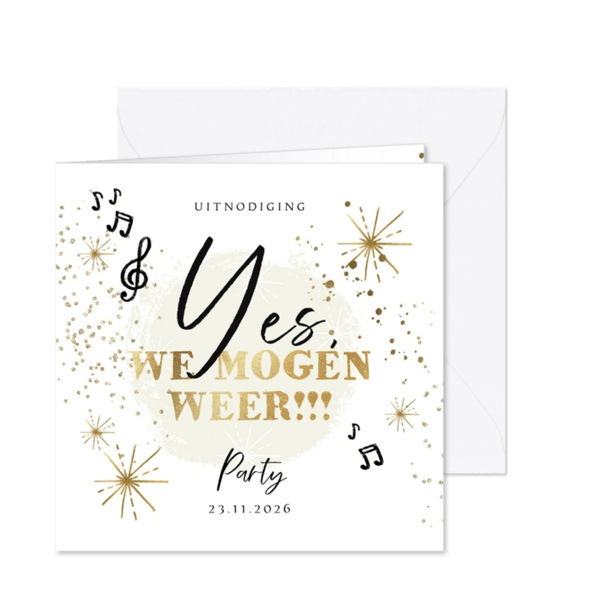 Uitnodiging 'We mogen weer!' goud muzieknoot spetters - Kaartimpressie