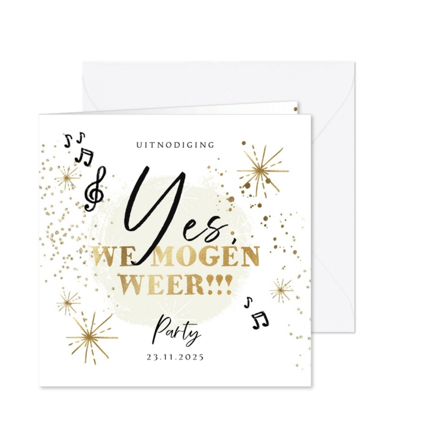 Uitnodiging 'We mogen weer!' goud muzieknoot spetters - Kaartimpressie