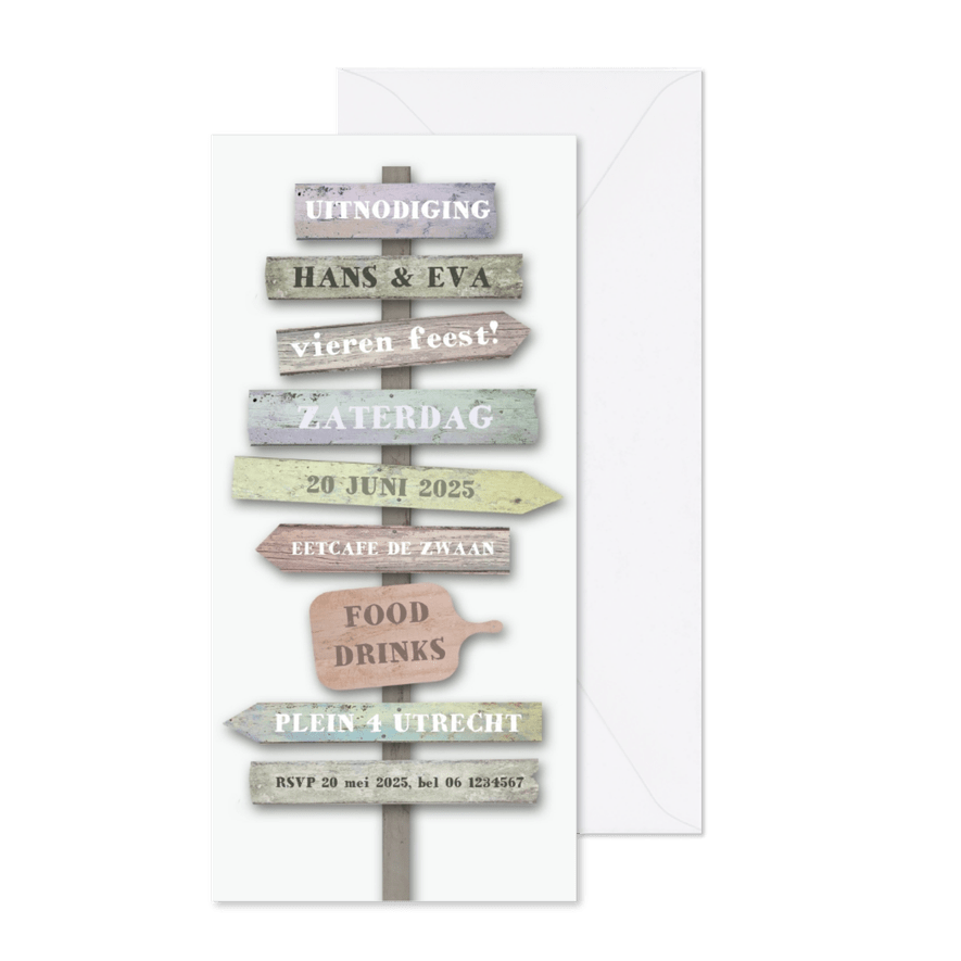 Uitnodiging wegwijs bordjes lang - Kaartimpressie