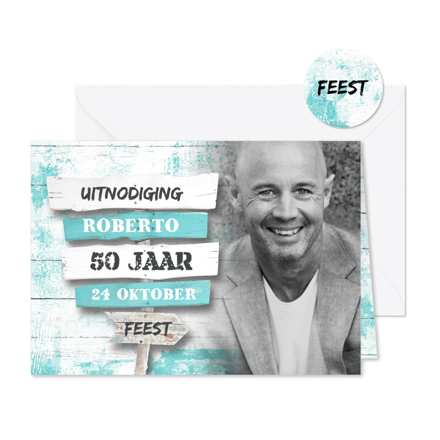 Uitnodiging wegwijzer strandstijl met foto - Kaartimpressie