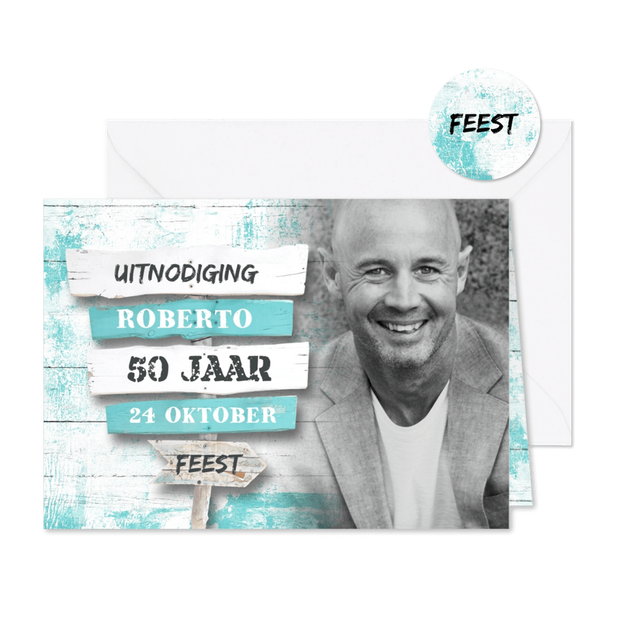 Uitnodiging wegwijzer strandstijl met foto - Kaartimpressie