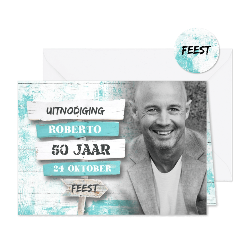 Uitnodiging wegwijzer strandstijl met foto - Kaartimpressie