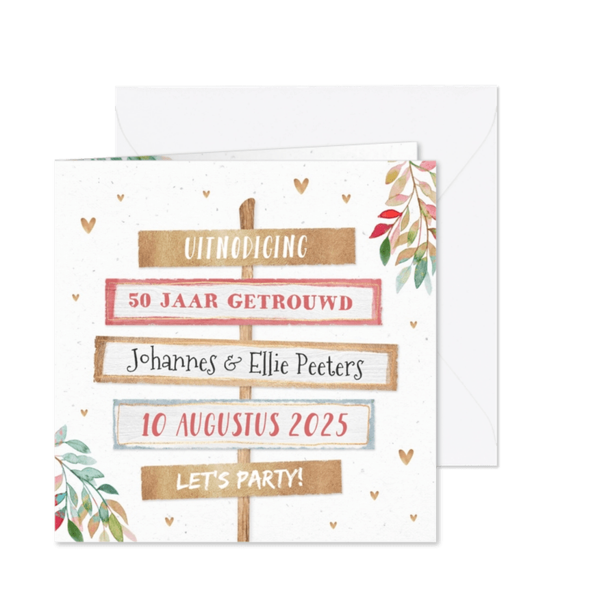 Uitnodiging wegwijzers 50 jaar getrouwd goud bloemen - Kaartimpressie