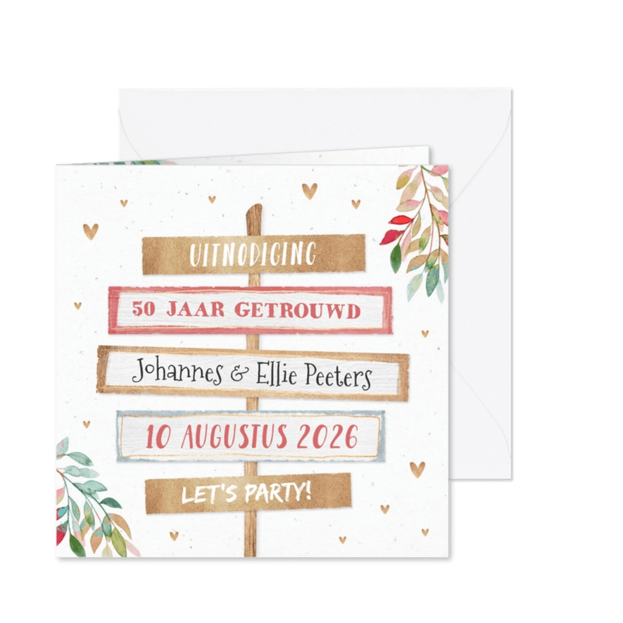 Uitnodiging wegwijzers 50 jaar getrouwd goud bloemen - Kaartimpressie