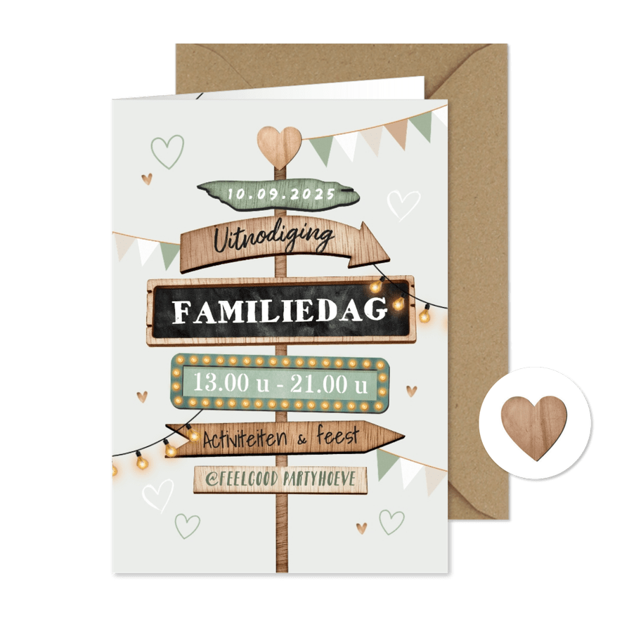 Uitnodiging wegwijzers hout familiedag hartjes vlaggetjes - Kaartimpressie
