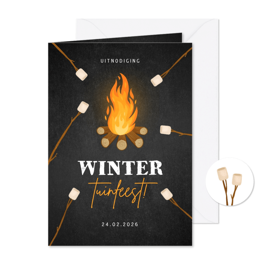 Uitnodiging winter tuinfeest vuurkorf marshmallow krijtbord - Kaartimpressie