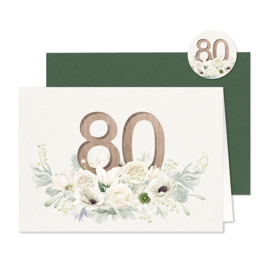 Uitnodiging witte bloemen 80 in hout - Kaartimpressie