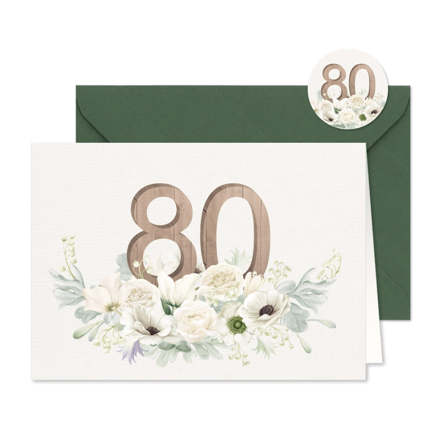 Uitnodiging witte bloemen 80 in hout - Kaartimpressie